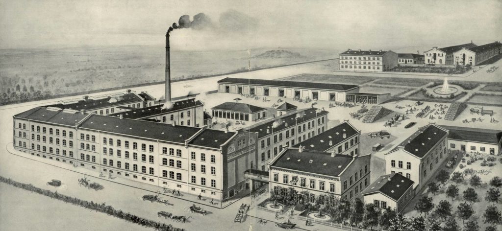 Gammelt tegning av hvordan fabrikken til Conrad Langaard så ut ovenifra.