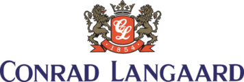 Logoen til Conrad Langaard. To løver og et våpenskjold. Grafikk