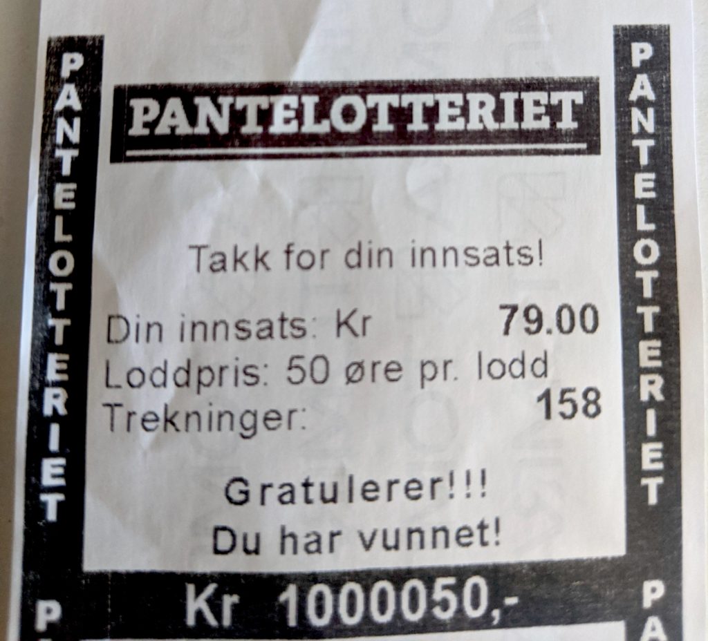 Slik ser pantelappen ut som viser at mannen fra Kristiansand er millionær. Summen viser at han vant to gevinster, en på én million og én på femti kroner.