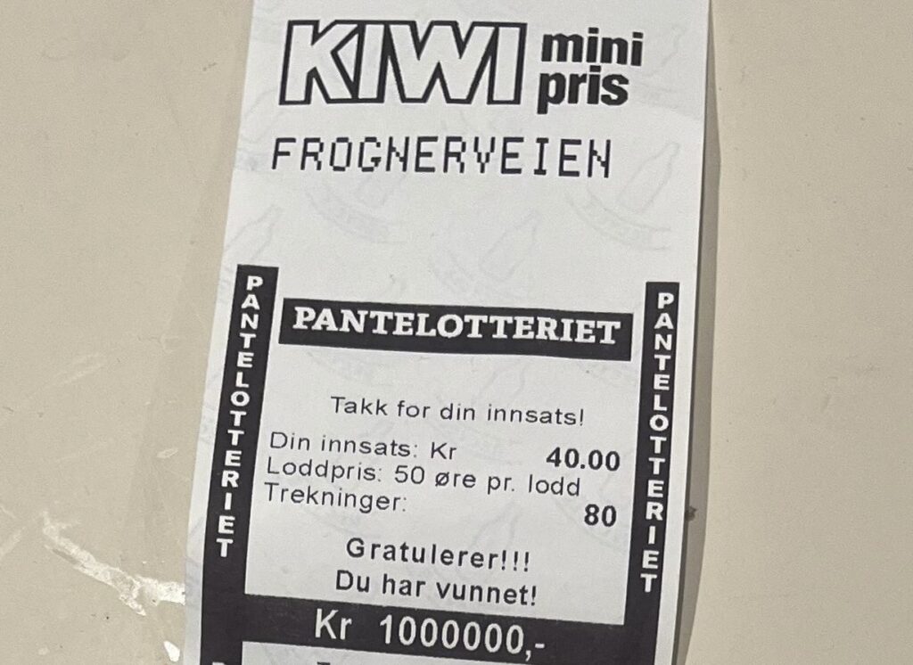 Her er pantelappen som viser at 40 kroner i pant ble til én million kroner i Pantelotteriet.