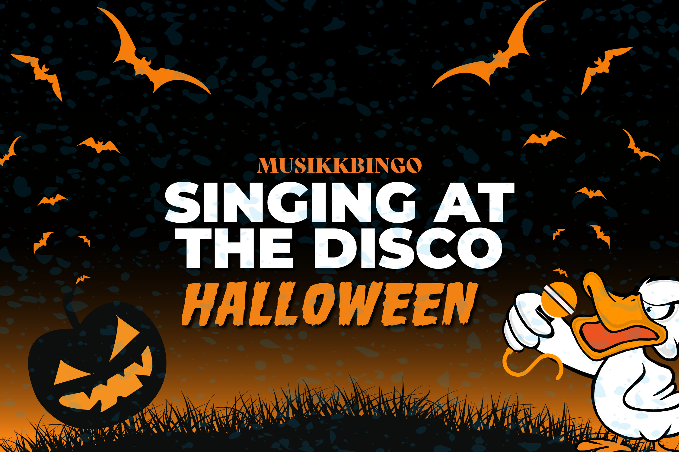 Tekst: "Singing at the disco, halloween." Flaggermus og gresskar grafikk i bakgrunnen mens en and synger inn i en mikrofon.